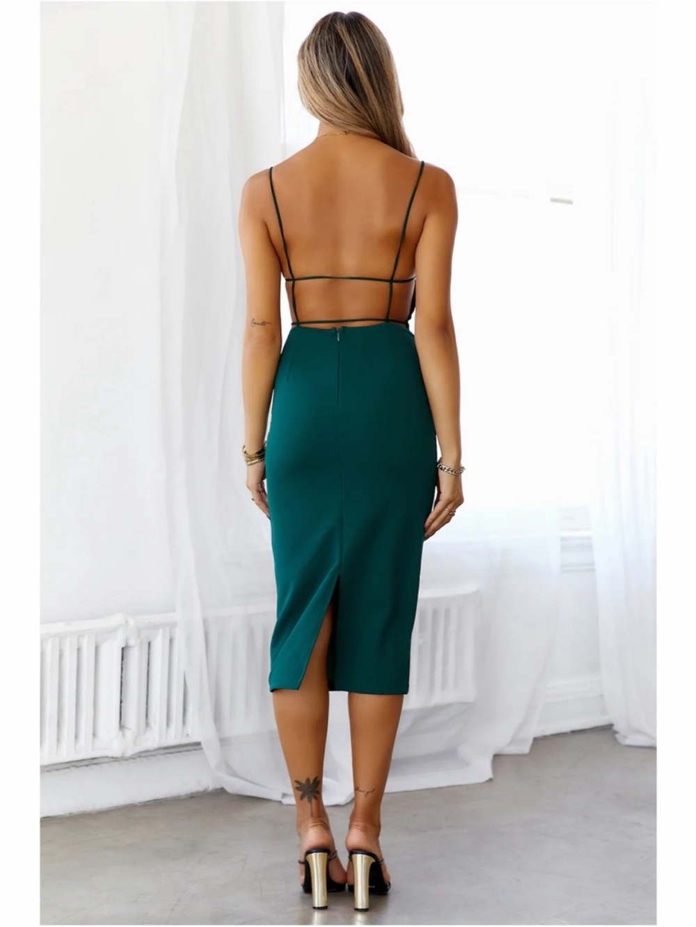 Hello Molly NEW Dark Forest Green Can't Afford Me Open Back Midi Dress Size 2 - Picture 2 of 12